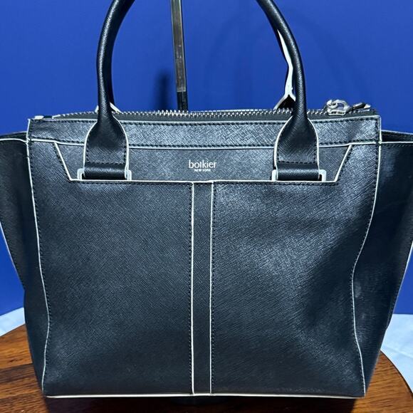 Botkier NY leather structured satchel purse black white trim removable strap - Picture 4 of 7